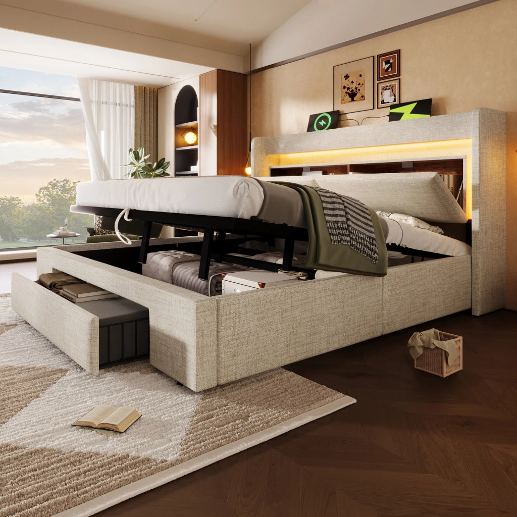 Letto con cassetti 140 ¡Á 200 cm con due comodini mobili LED USB e USB-C in legno bianco