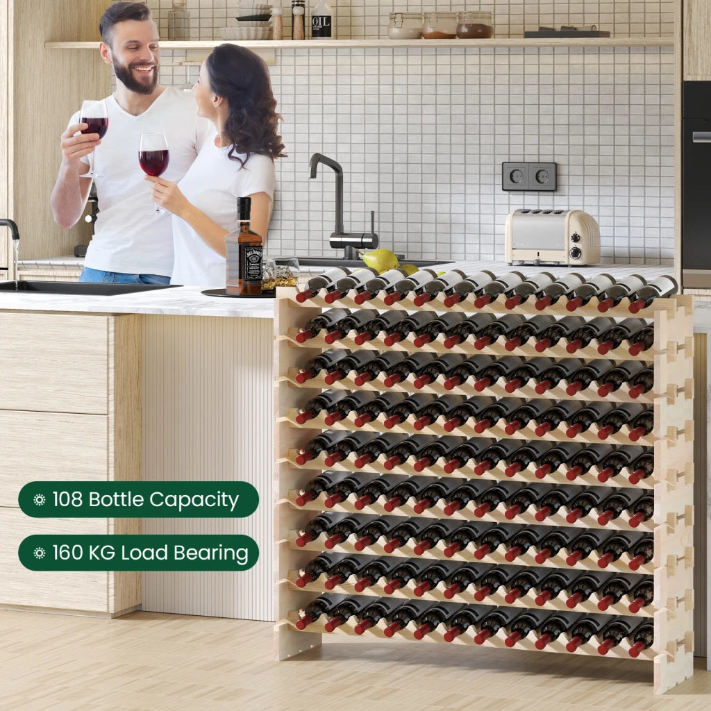 Stackable Modular Wine Rack for 108 Bottles 9 Tier Wooden Wine Rack Freestanding Wine Display Shelf Natural