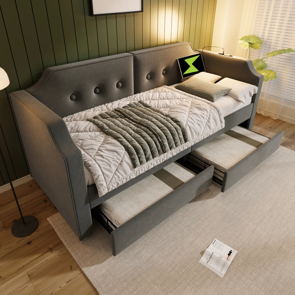 Letto imbottito 90x200 cm grigio con cassetti