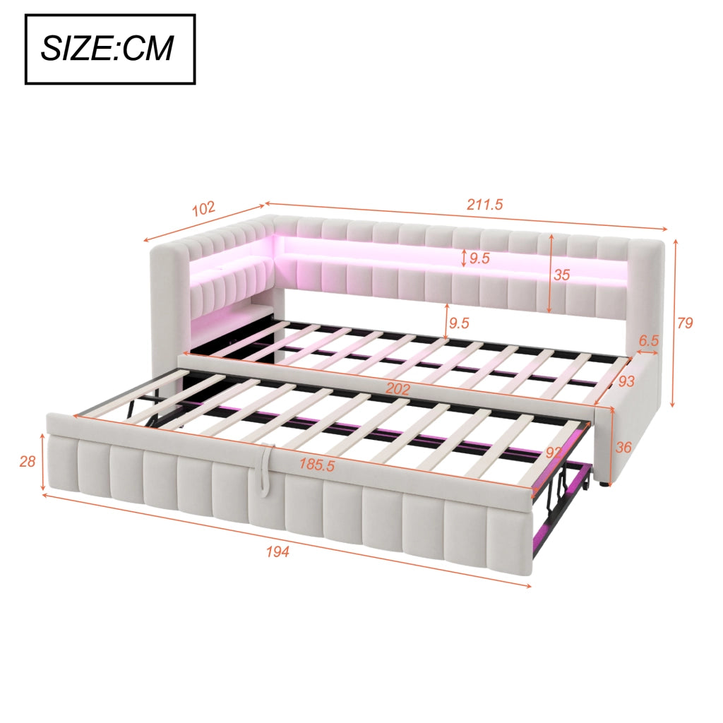 Letto imbottito estraibile con LED USB e Type C in velluto beige con rete a doghe e ripiani