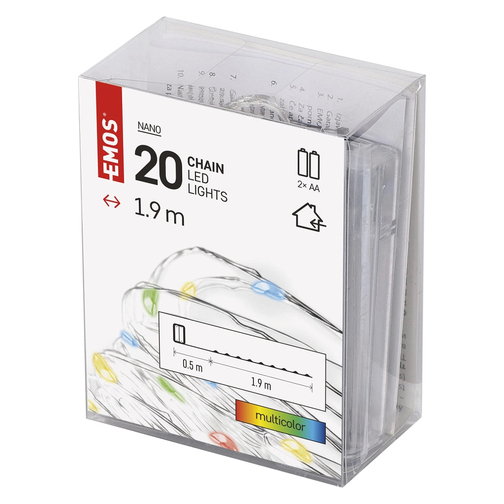 Catena luminosa a LED, lunghezza 1,9 metri, 20 LED, con timer, alimentata a batteria, multicolore