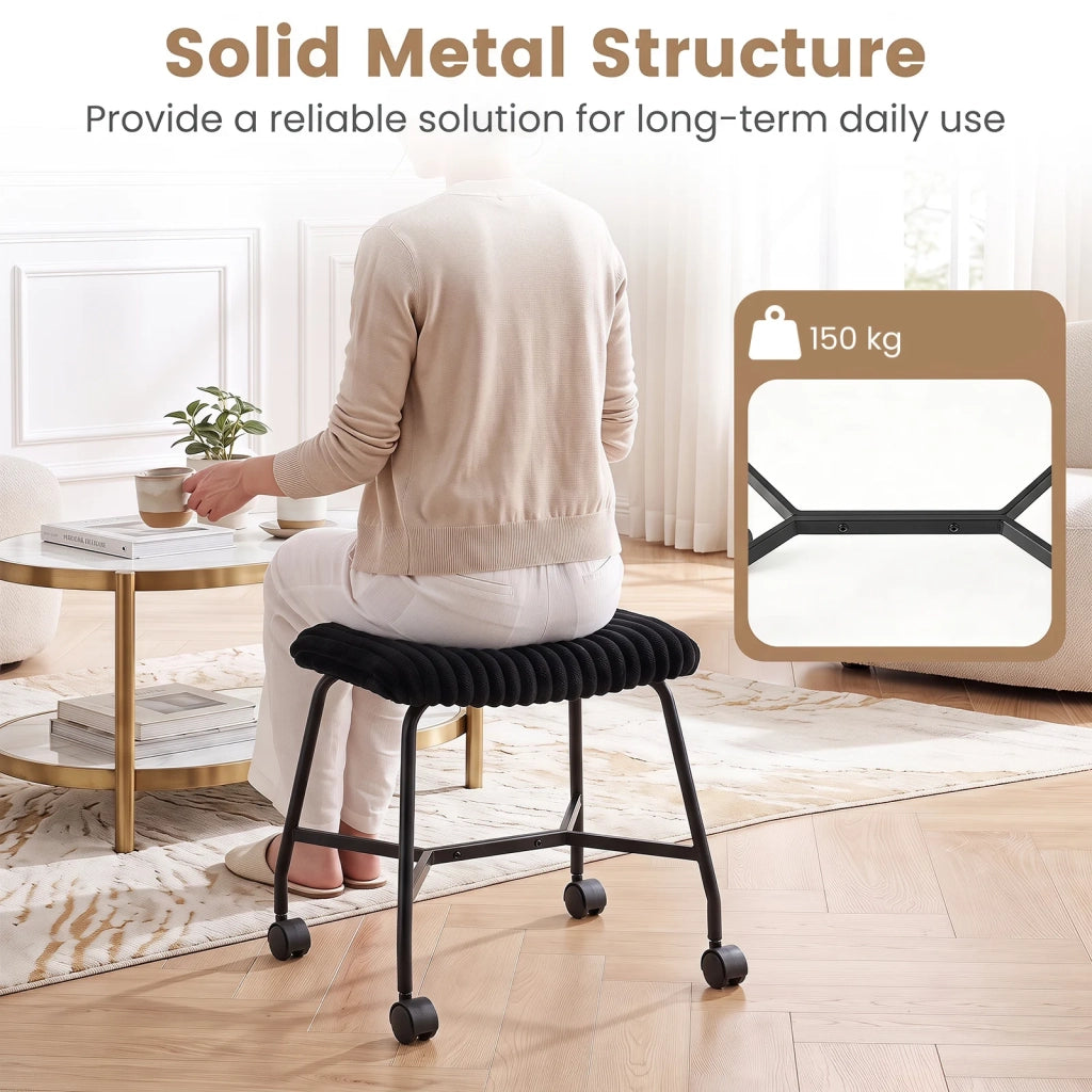 Set of 2 padded rolling stools with curved seat and 4 smooth-rolling casters, black