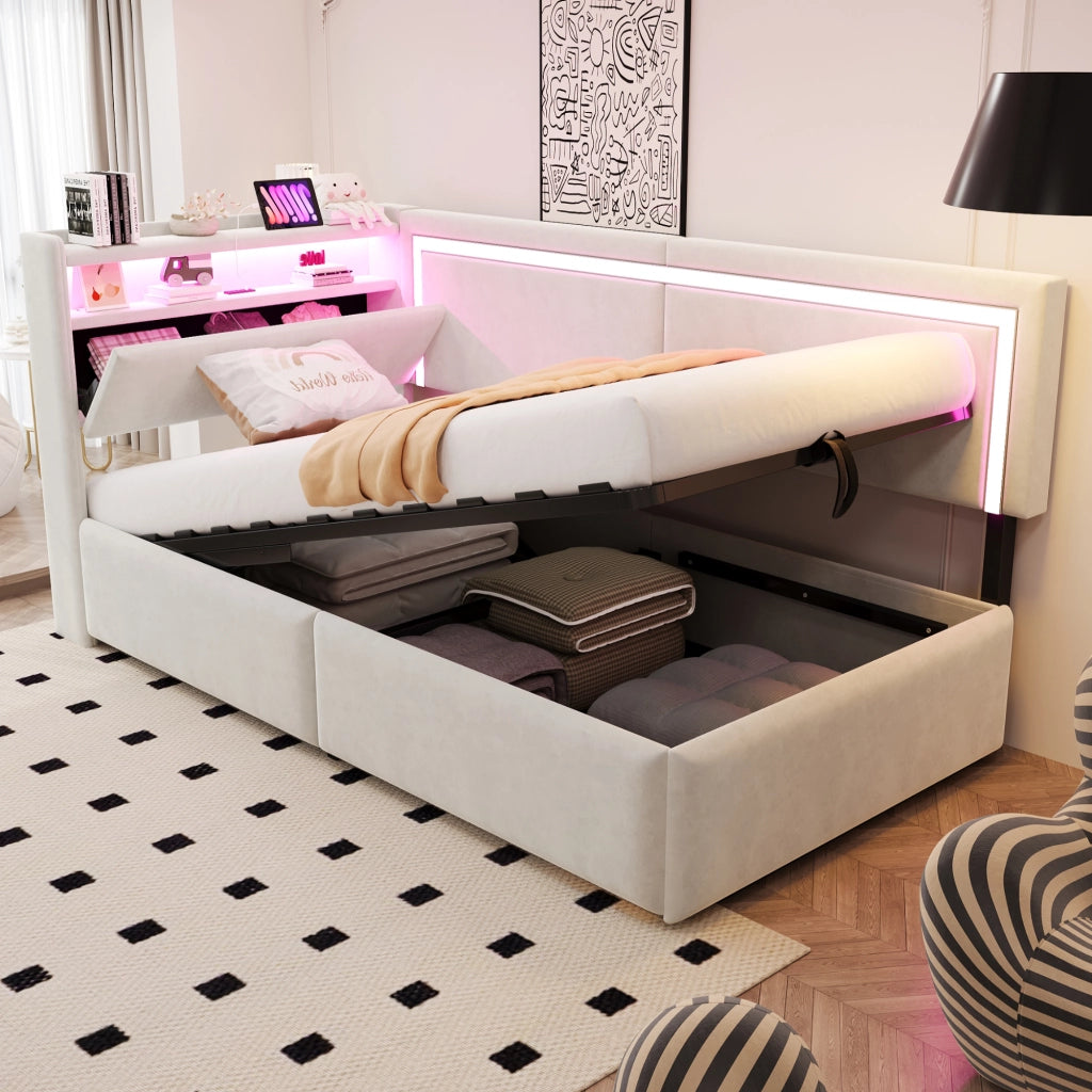 Letto singolo imbottito 90 × 200 cm con contenitore LED USB in velluto beige e testiera con ripiani