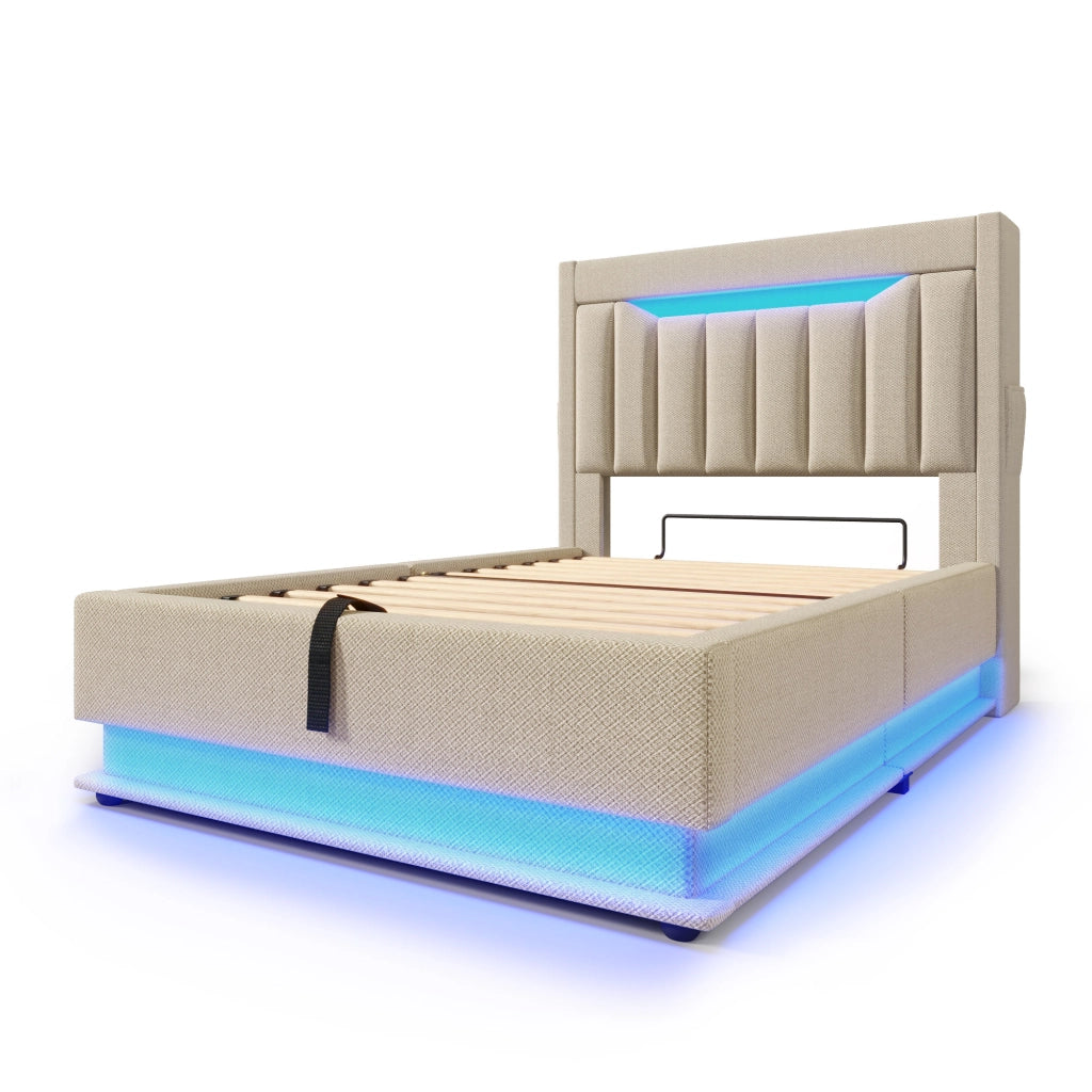 Letto singolo beige 90x200 cm con materasso e luci LED
