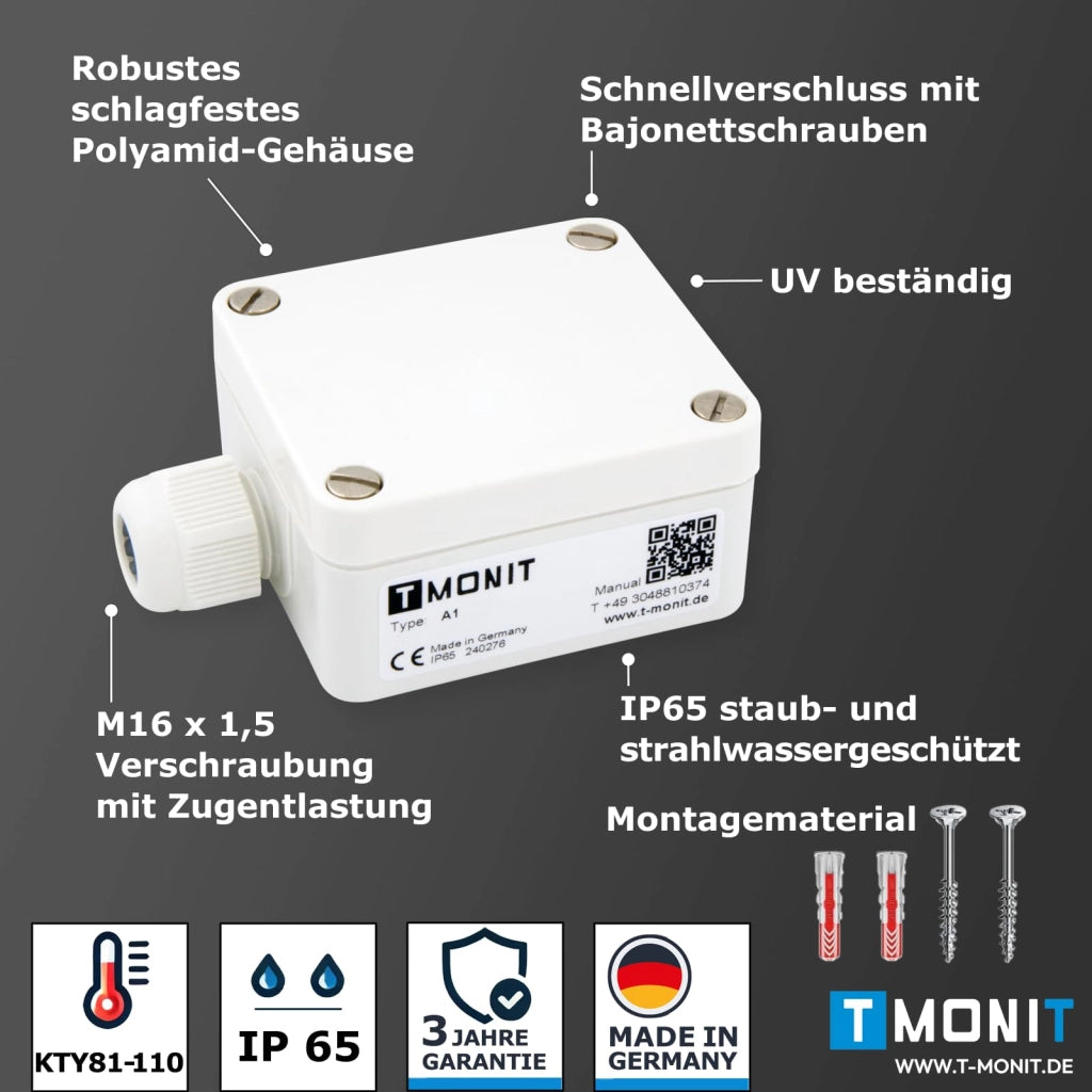 KTY81-110 Sensore di temperatura esterno incl. materiale di montaggio | Involucro resistente ai raggi UV | Made in Germany | 3 anni di garanzia | Sensore di temperatura per riscaldamento | Sensore esterno KTY-Sensor 81110