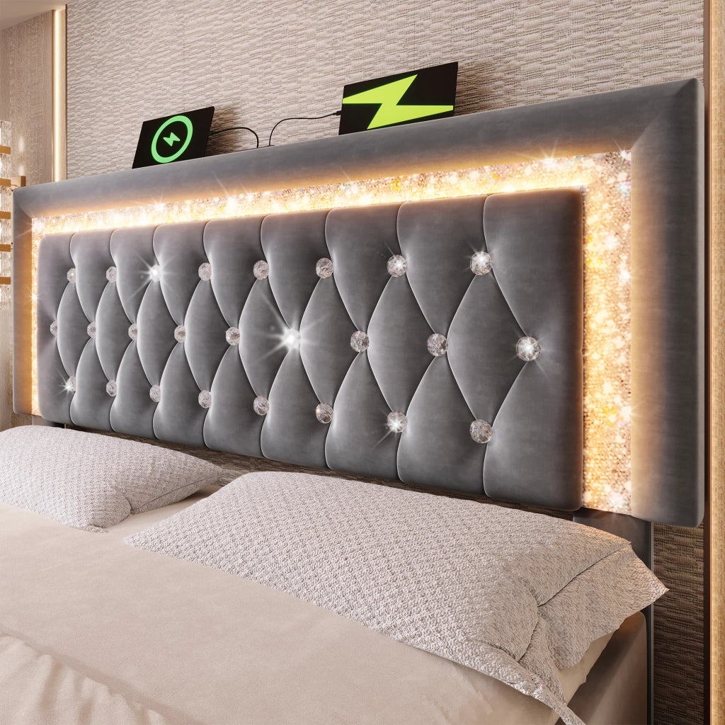 Letto matrimoniale imbottito 140x200 cm grigio con LED