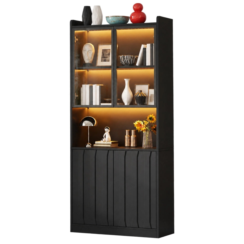 Vetrina alta 80x35x200 cm con 4 ante; LED Bluetooth e ripiani regolabili; nera