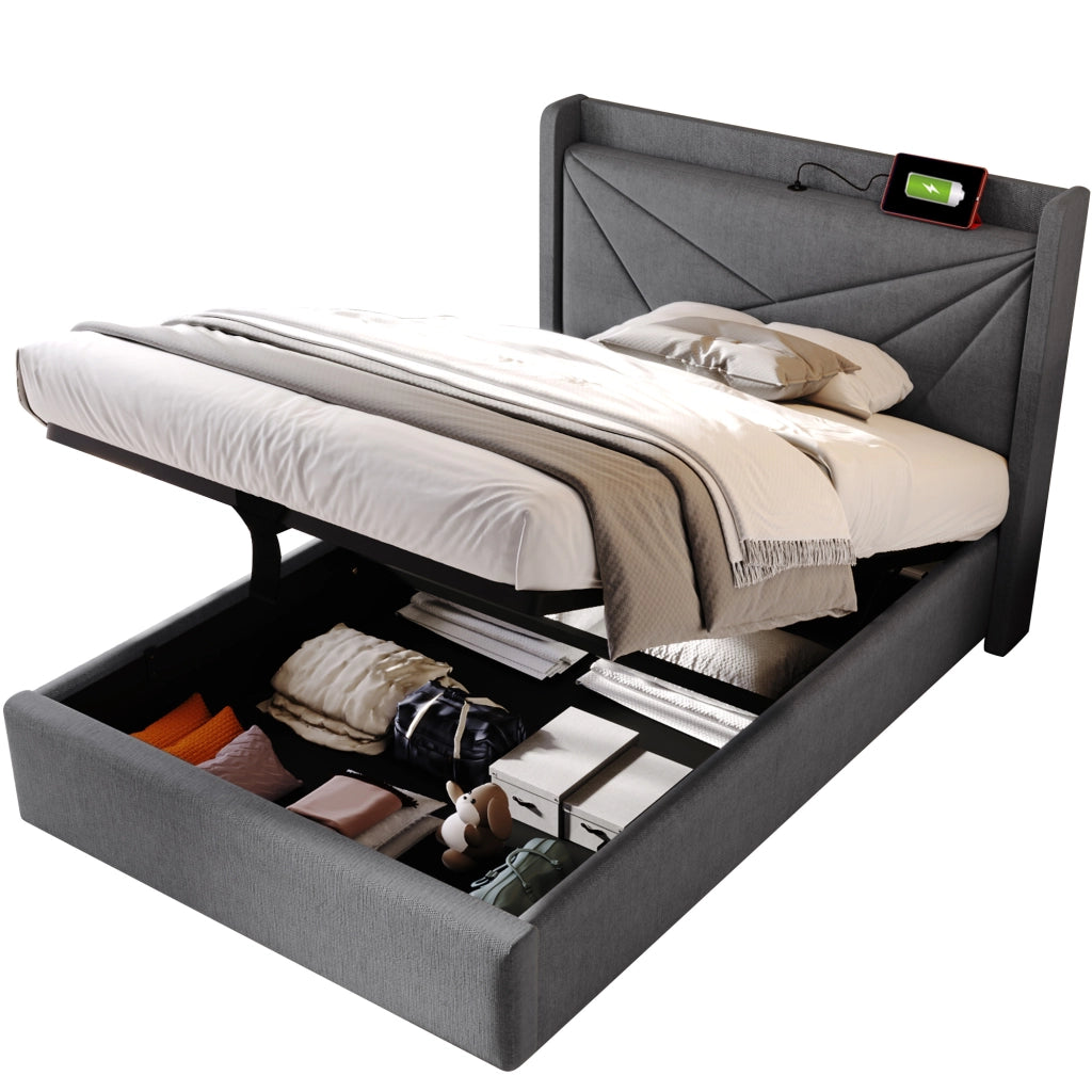 Letto con contenitore 90x200 grigio con testiera USB e Tipo C
