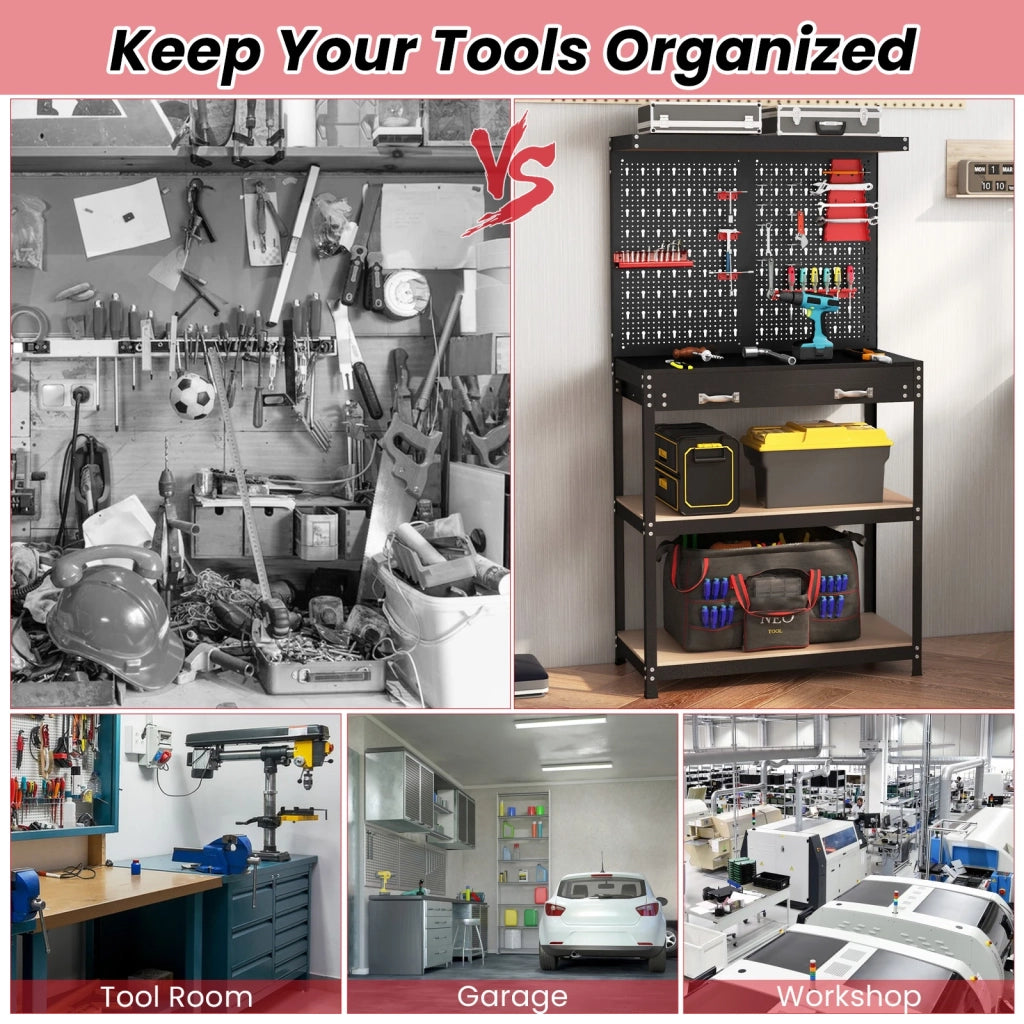 Tool Storage Workbench with Pegboard with 14 Hanging Accessories for Garage-Black and Red