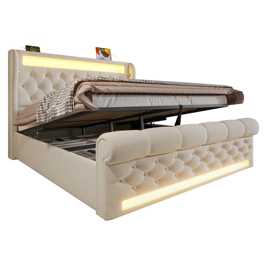 Letto matrimoniale contenitore 140x190 beige con luci LED