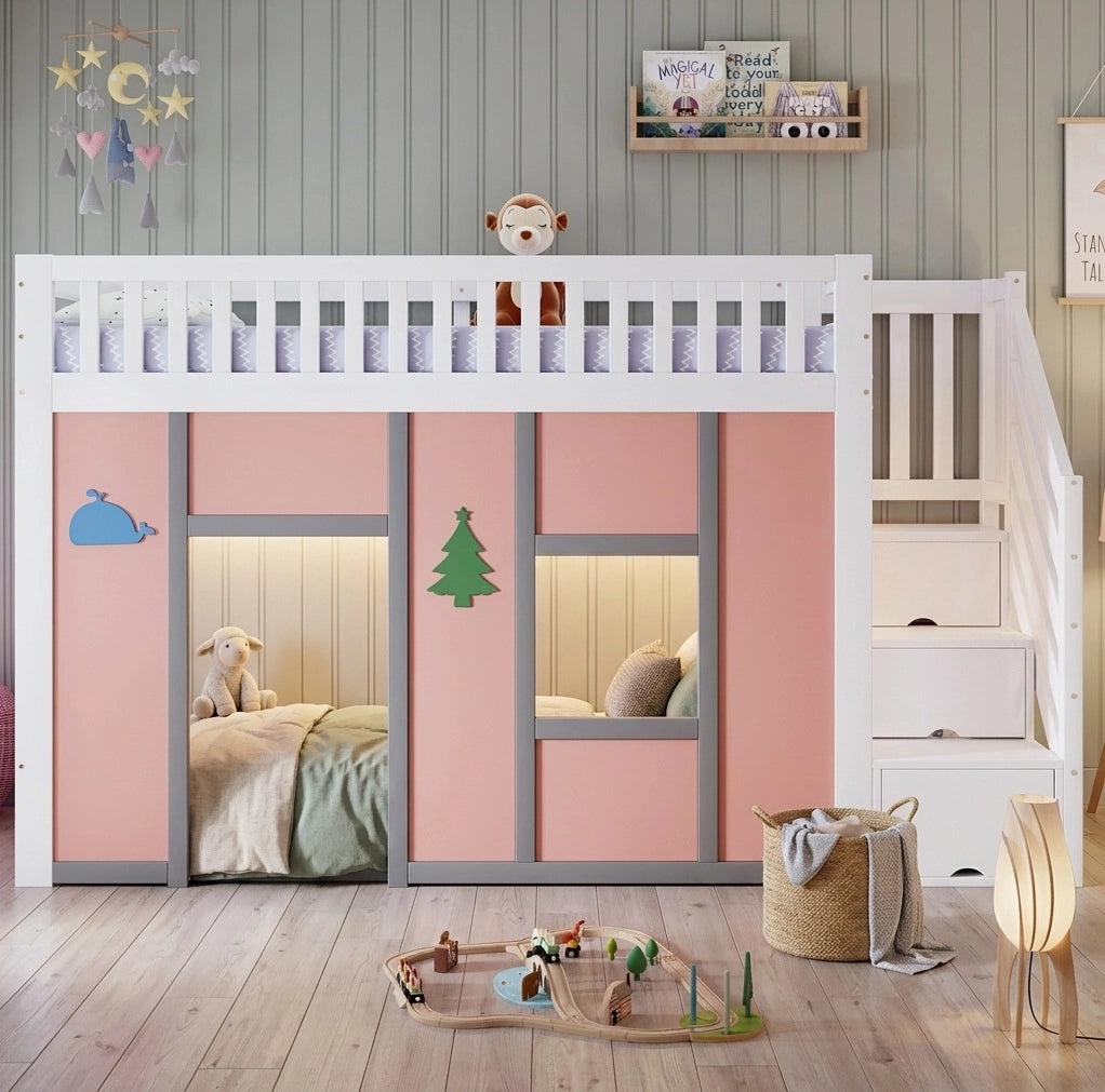 Letto semi-soppalco per bambini 90x200 cm con scala contenitore e LED; bianco e rosa