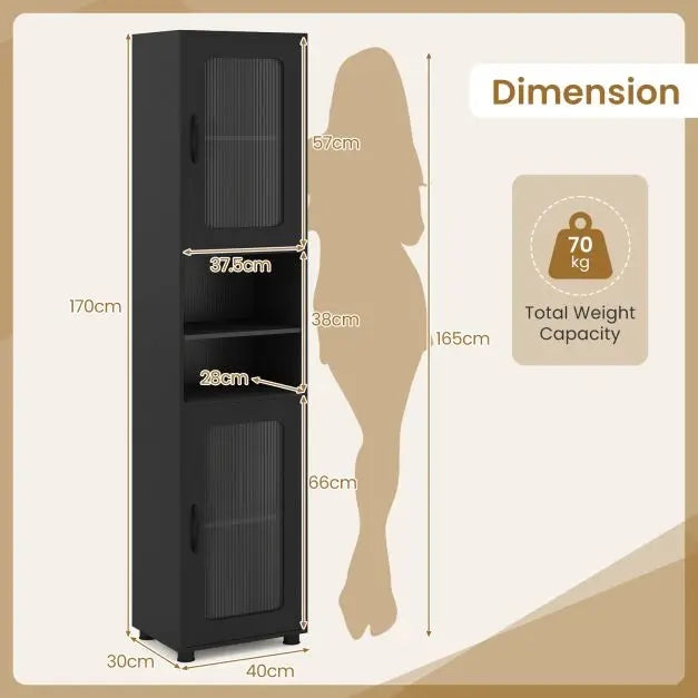 Tall Bathroom Storage Cabinet with Fluted Doors Adjustable Shelf-Dark Black
