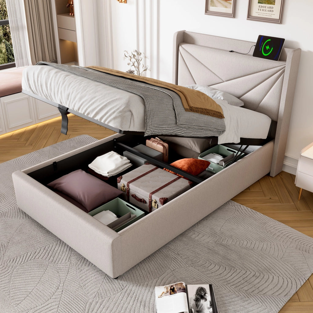 Letto singolo 90x200 con contenitore; testiera USB e Tipo C