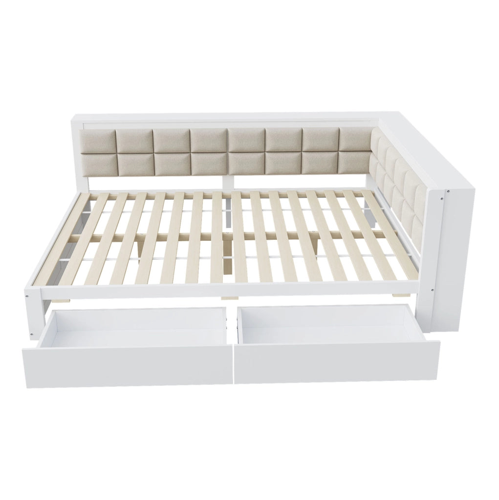 Letto trasformabile 140x200 cm con schienale imbottito e 2 cassetti; bianco