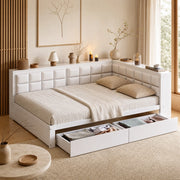 Letto trasformabile 140x200 cm con schienale imbottito e 2 cassetti; bianco