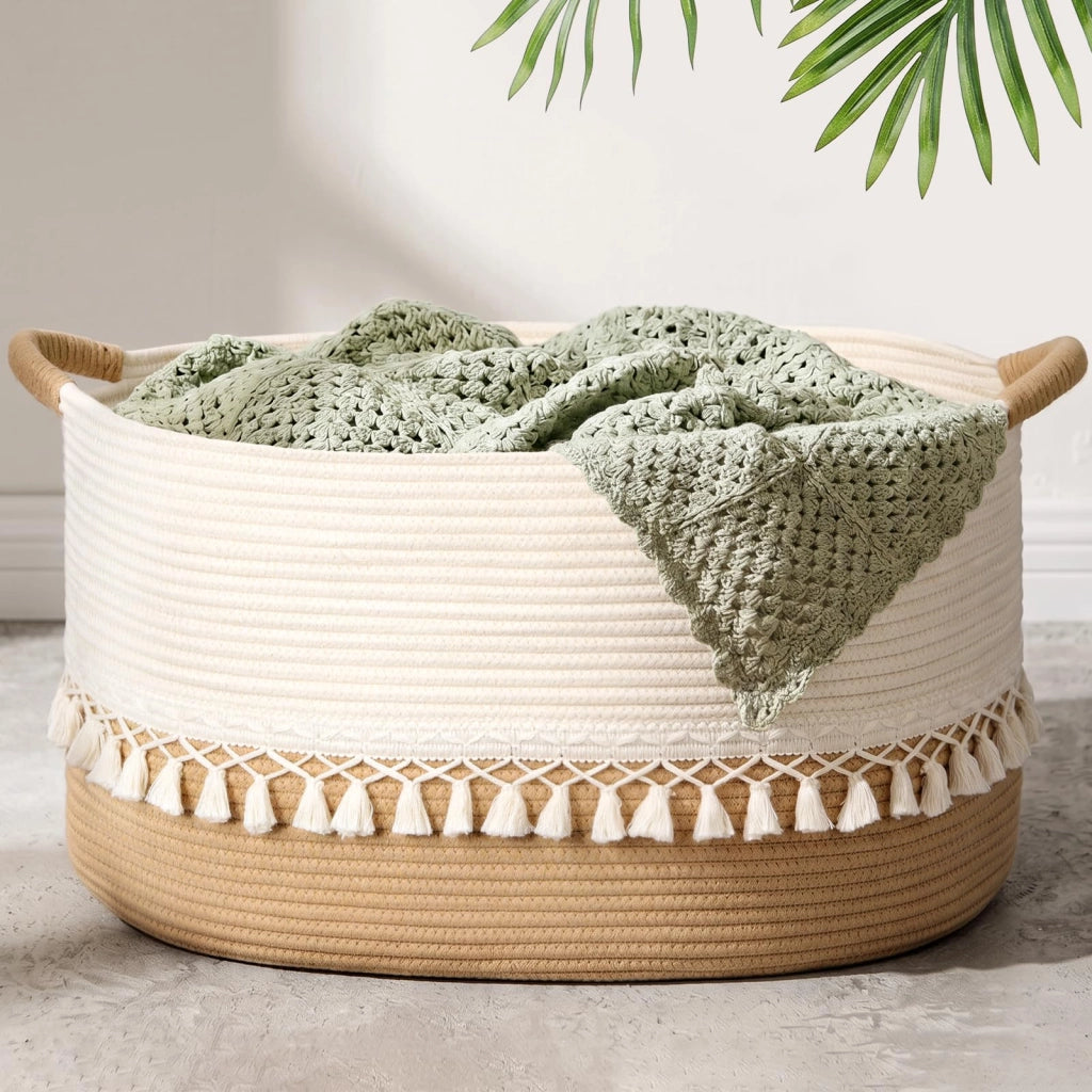 Cesto portaoggetti con frange, in cotone, 38x26x22 cm