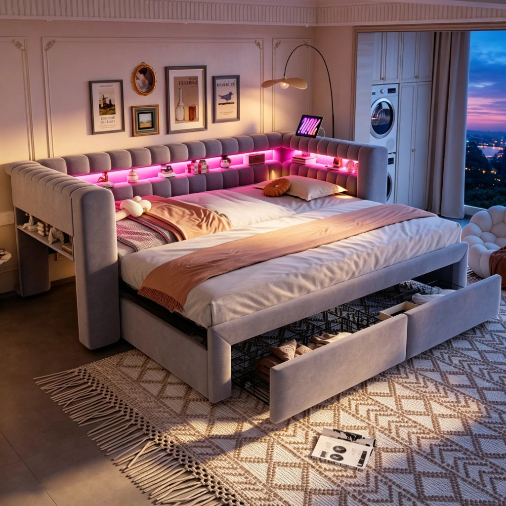 Divano letto estraibile 90 × 190 cm in velluto grigio chiaro con cassetti LED USB e Type-C e vani integrati