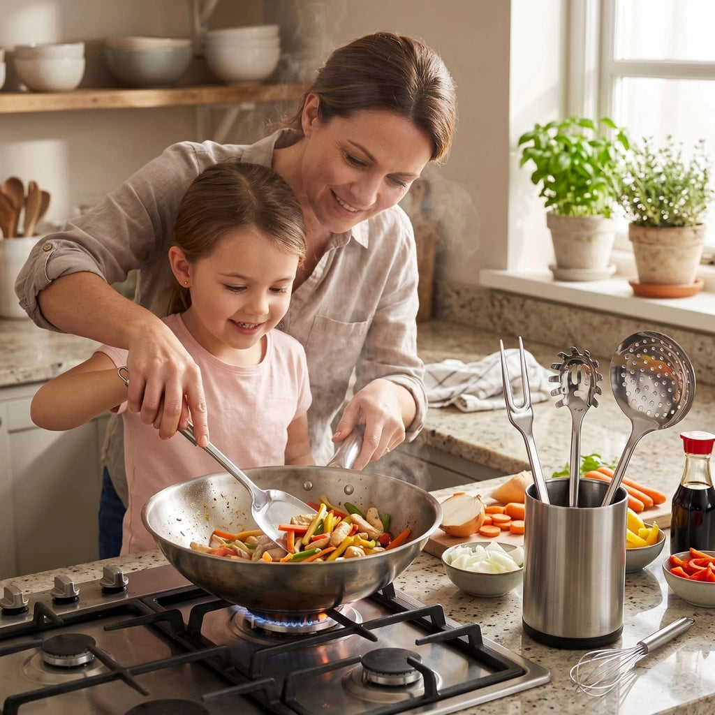 Set di pentole e accessori per la cucina, in acciaio inossidabile, composto da 6 pezzi