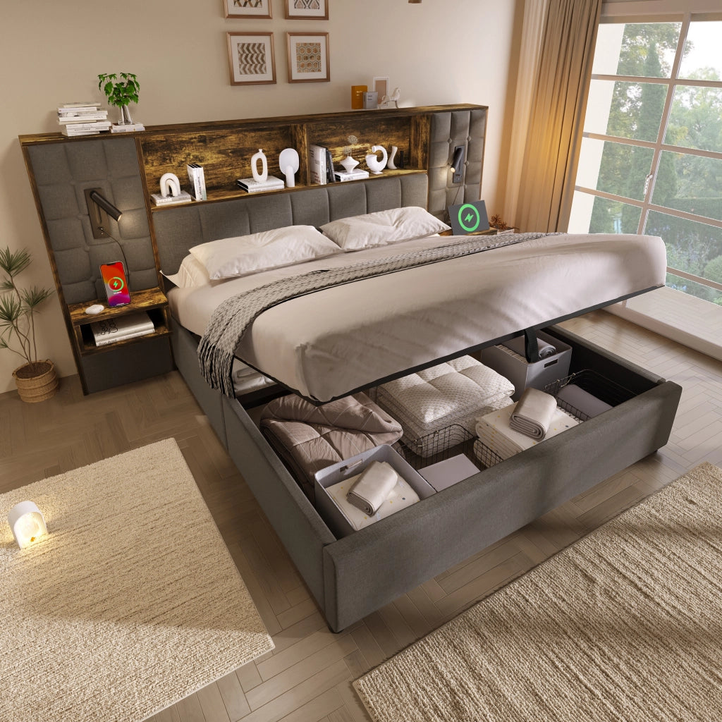 Letto imbottito 160x200 grigio con contenitore