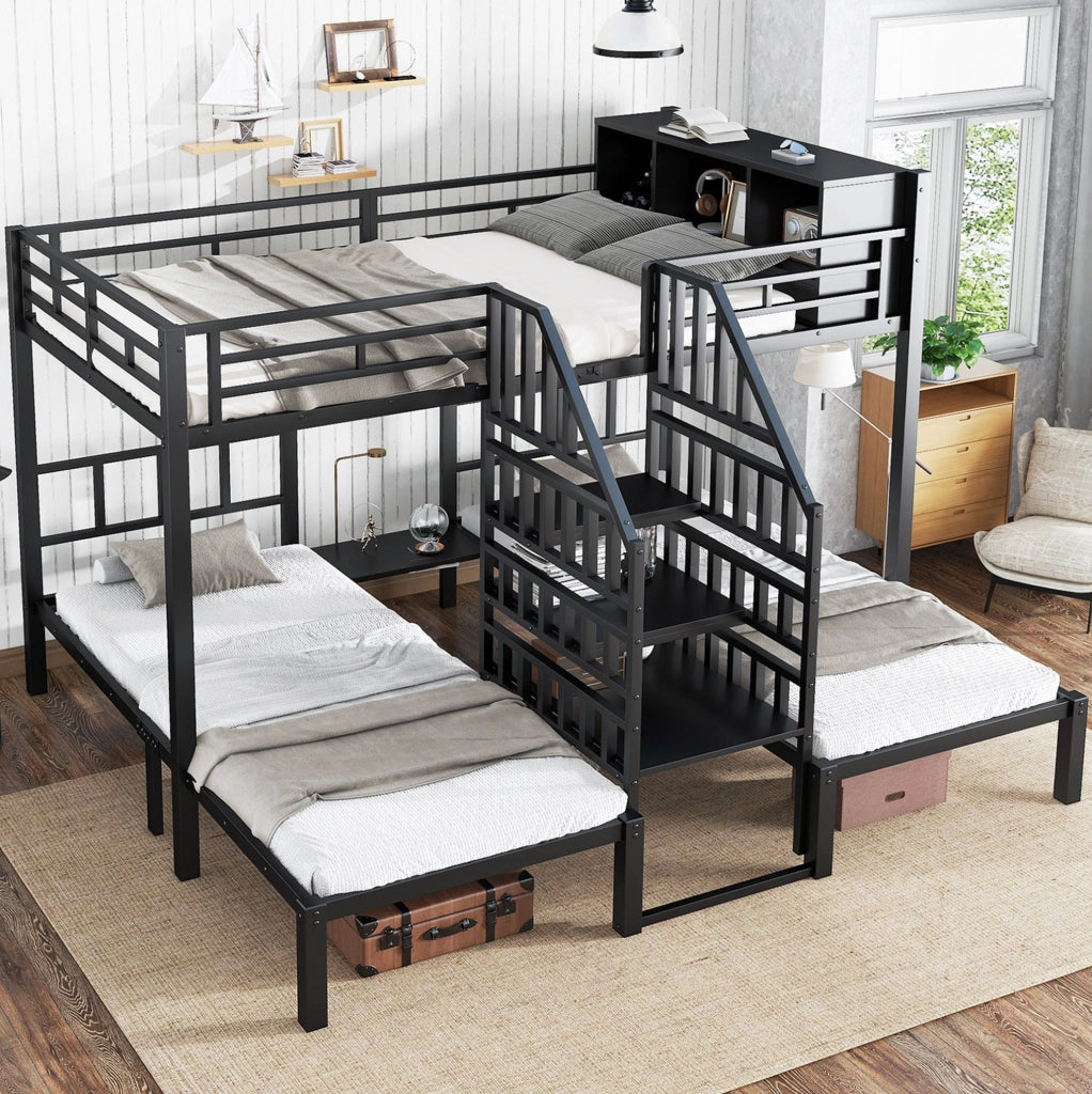 Letto a castello 3 posti 90x200 e 140x200 cm con scala e contenitore; nero