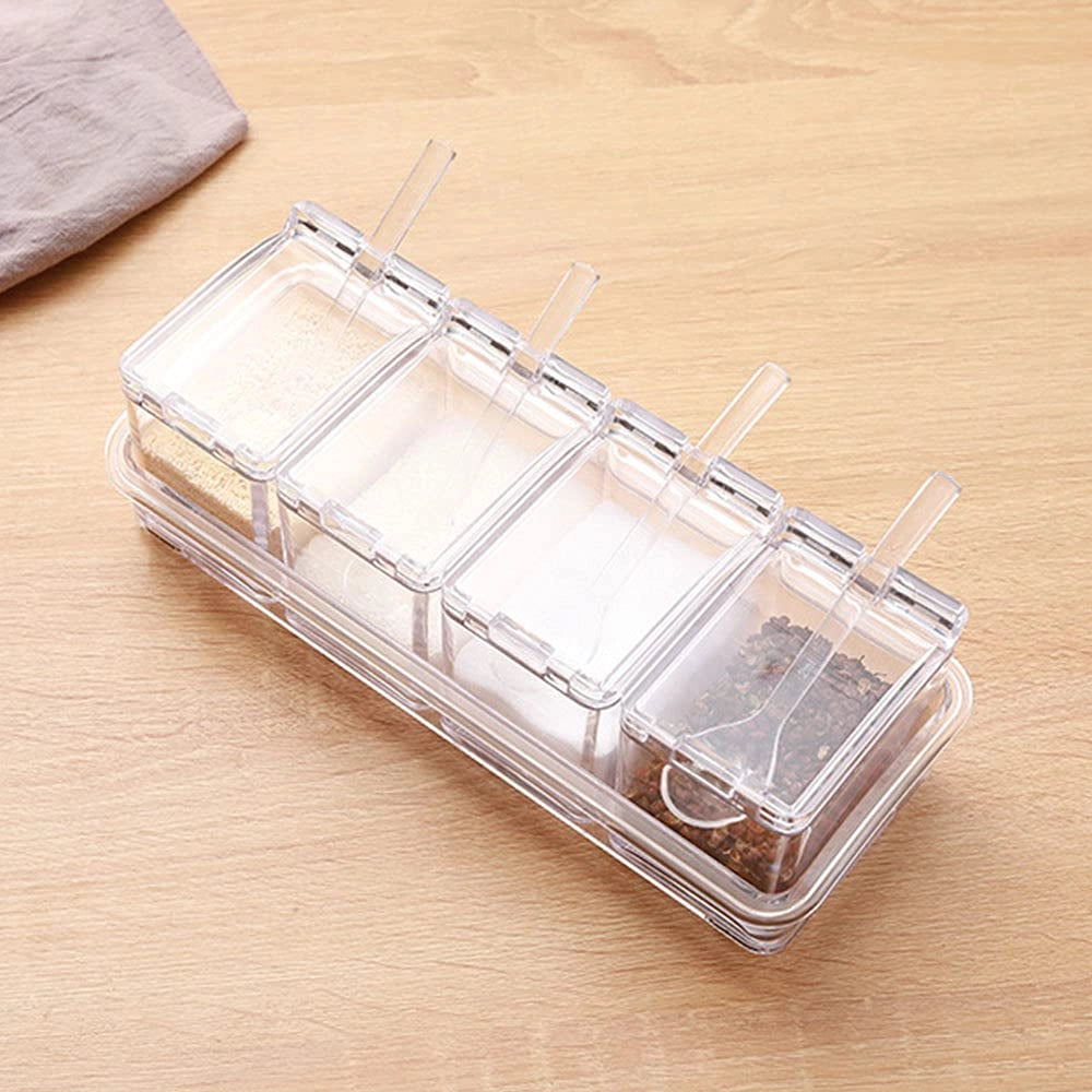 Set di 4 contenitori per spezie, trasparenti, in plastica PS, con cucchiaino