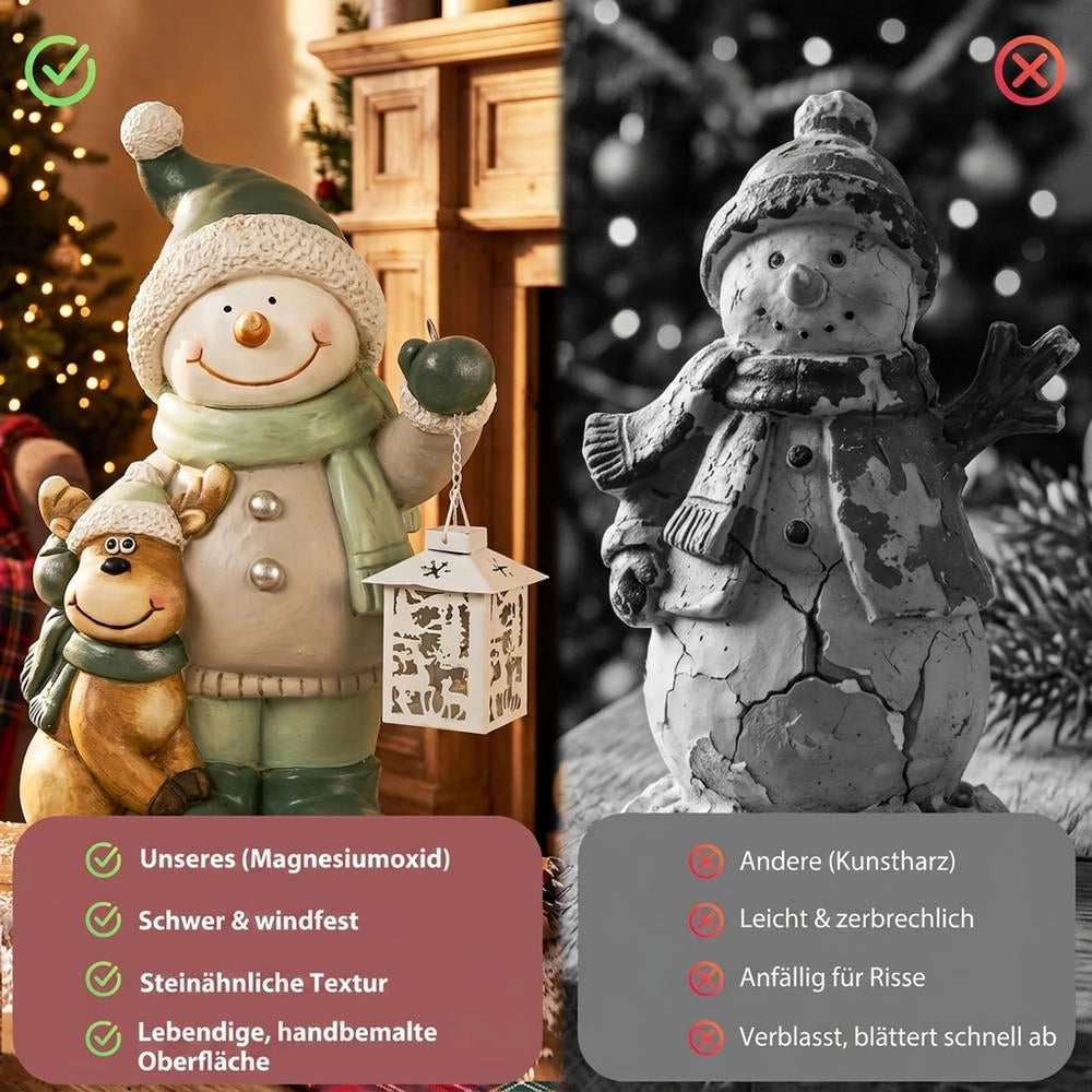 Statua Pupazzo di Neve 43 cm in MGO con Lanterna LED 2800K e Timer per Ingresso e Veranda