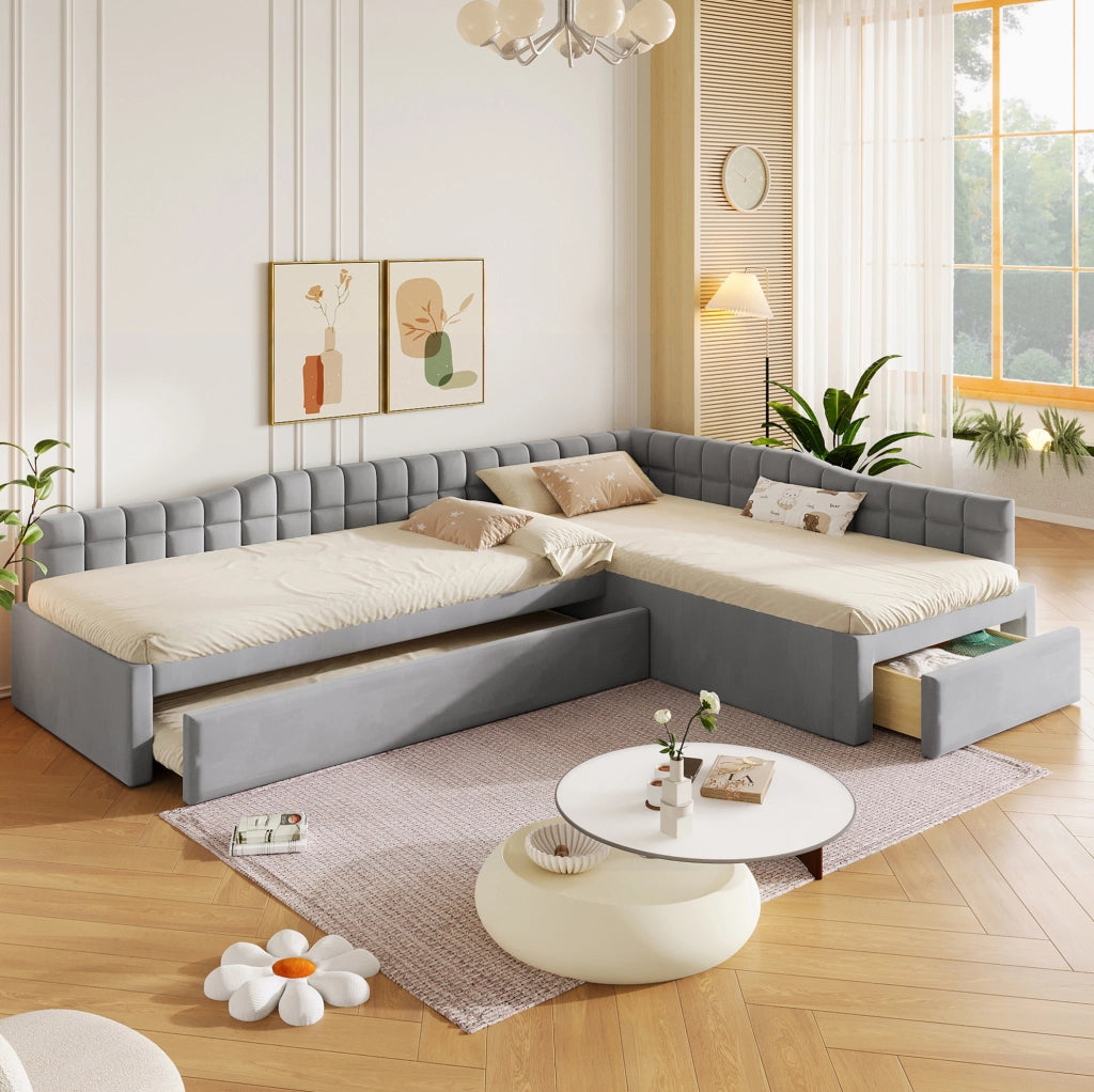 Letto angolare imbottito grigio con estraibile e cassetti 90x200 cm