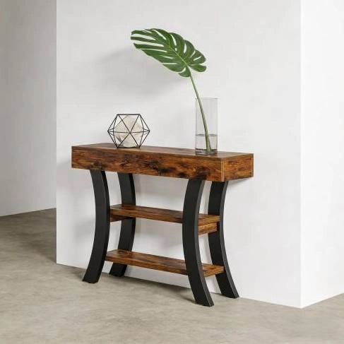 Consolle ingresso 105x30x80 cm con 3 ripiani in MDF e metallo; nero e marrone rustico