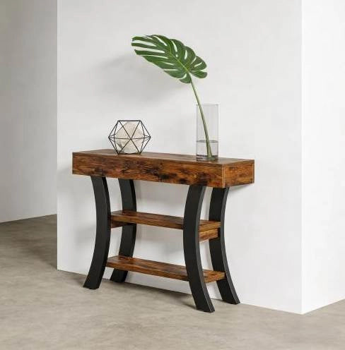 Consolle ingresso 105x30x80 cm con 3 ripiani in MDF e metallo; nero e marrone rustico