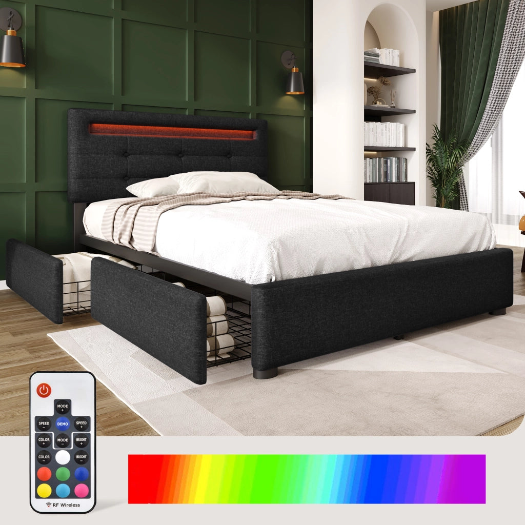 Letto singolo 90x200 imbottito nero con illuminazione LED