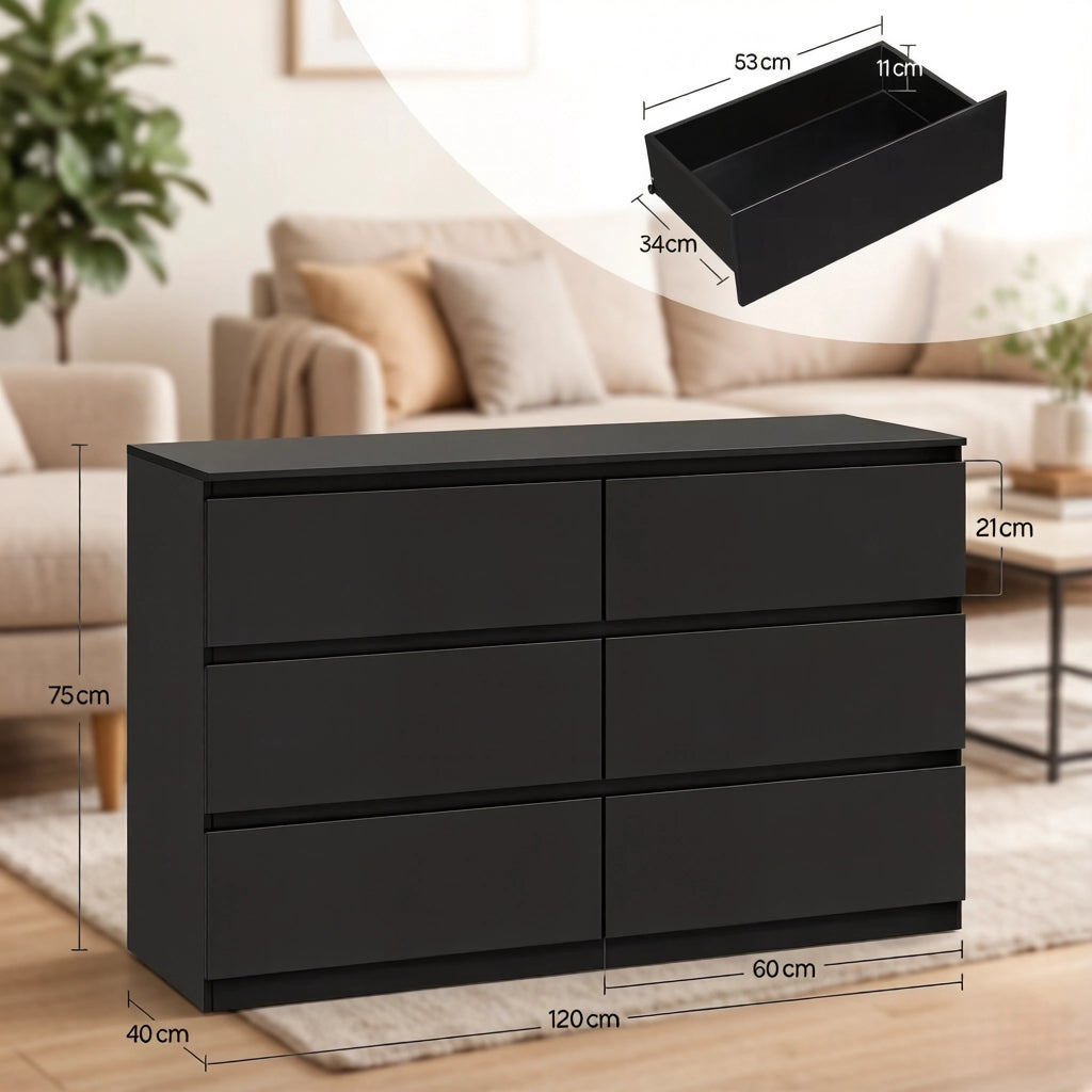 Cassettiera con 6 cassetti e protezione antiribaltamento per camera da letto - nera