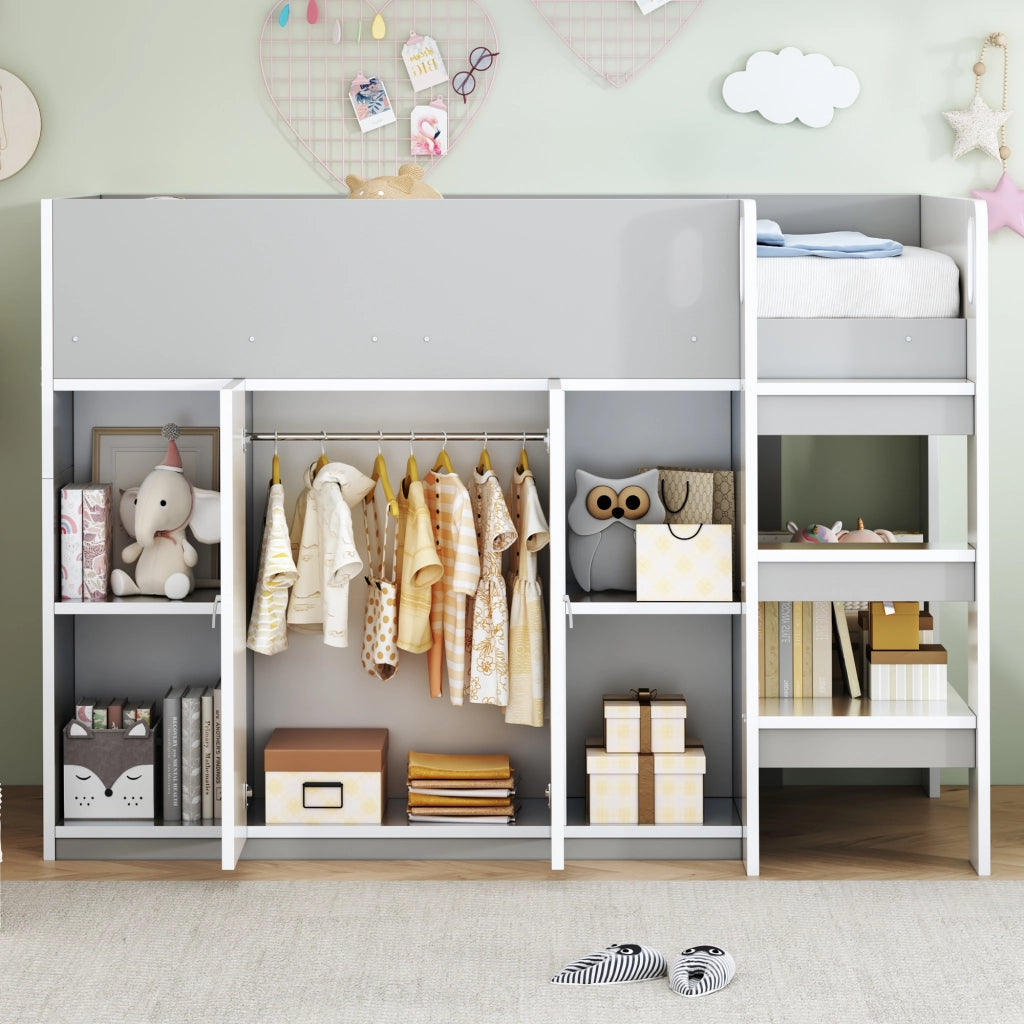 Letto a soppalco per bambini 90 × 200 cm con armadio e scaffali grigio in legno