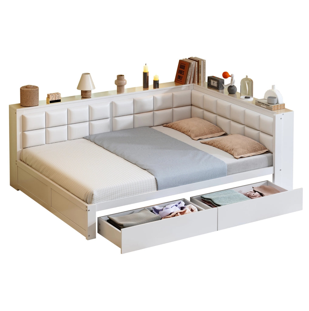 Letto trasformabile 140x200 cm con schienale imbottito e 2 cassetti; bianco
