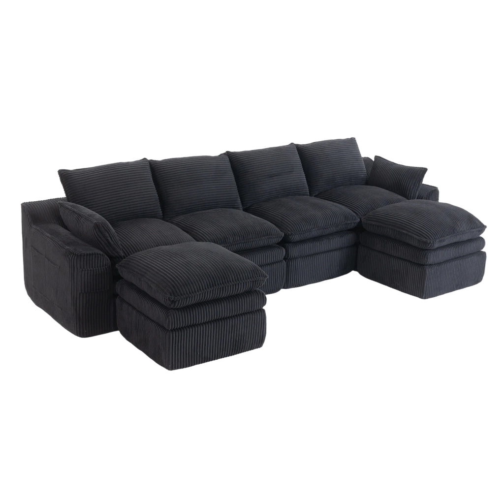 Divano modulare ULEVR 335x167x85 cm in velluto a coste nero con tasche laterali e cuscini