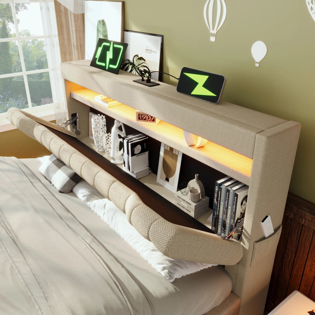 Letto contenitore 140x200 cm beige con luci LED