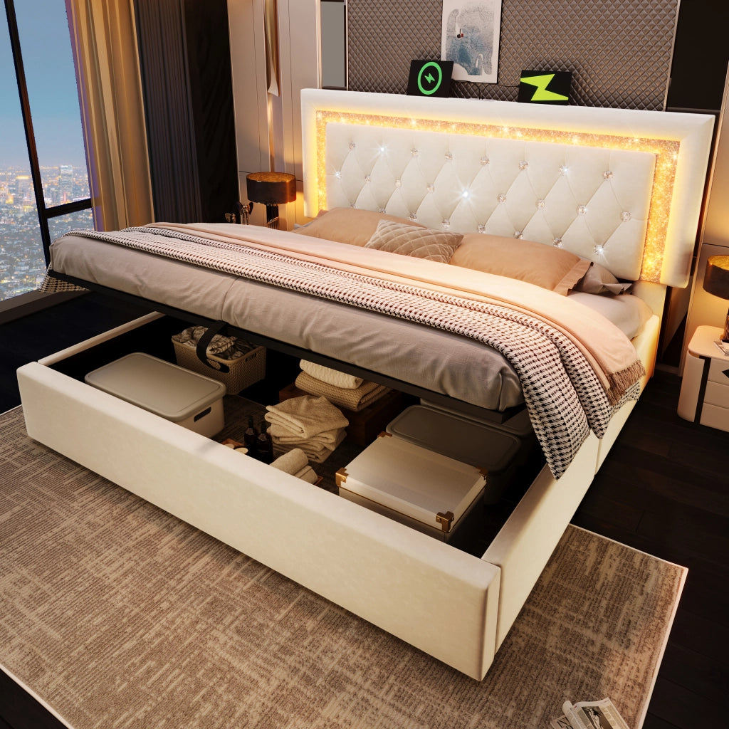 Letto imbottito beige 140x200 cm con testiera LED