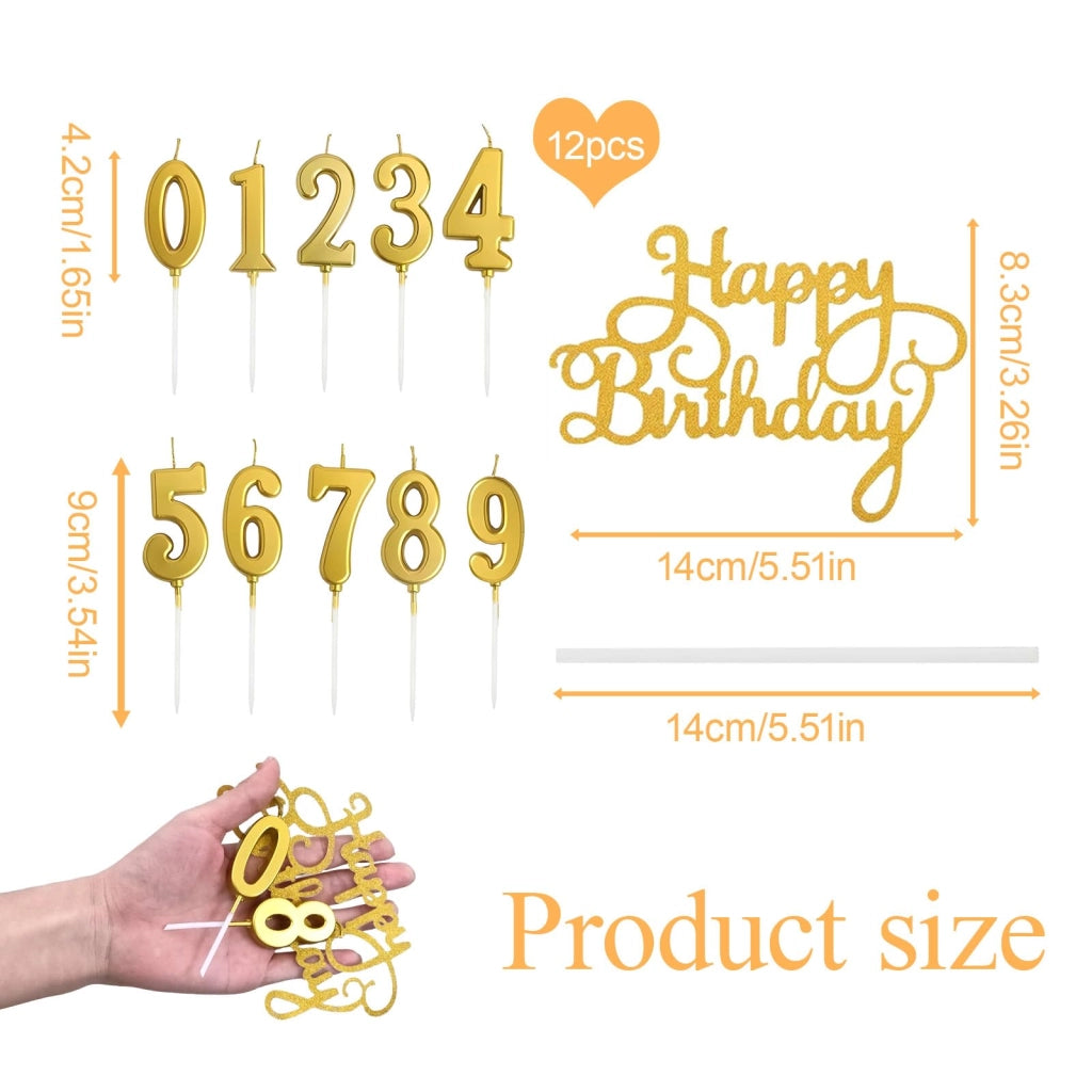 Candeline numeriche, set da 12 pezzi (0-9), con glitter, per torte