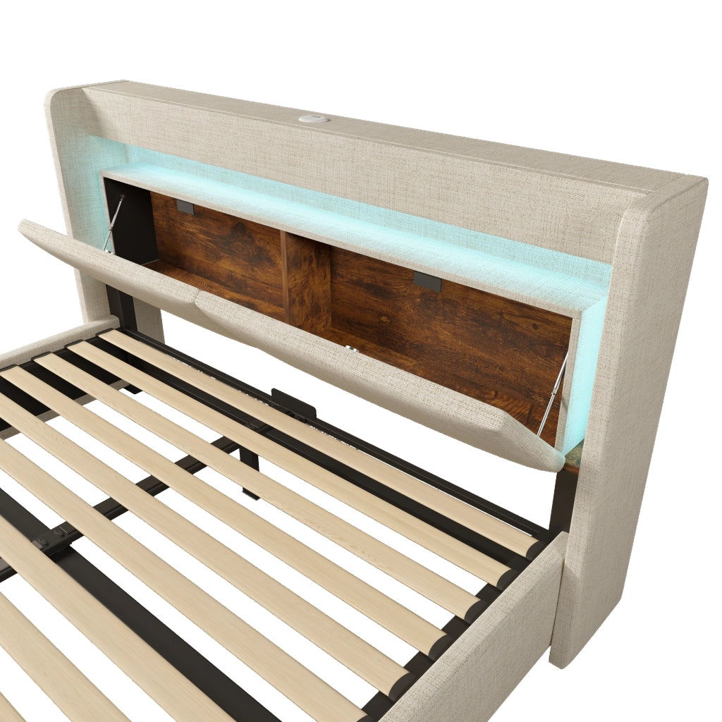 Letto imbottito beige 160x200 cm con contenitore