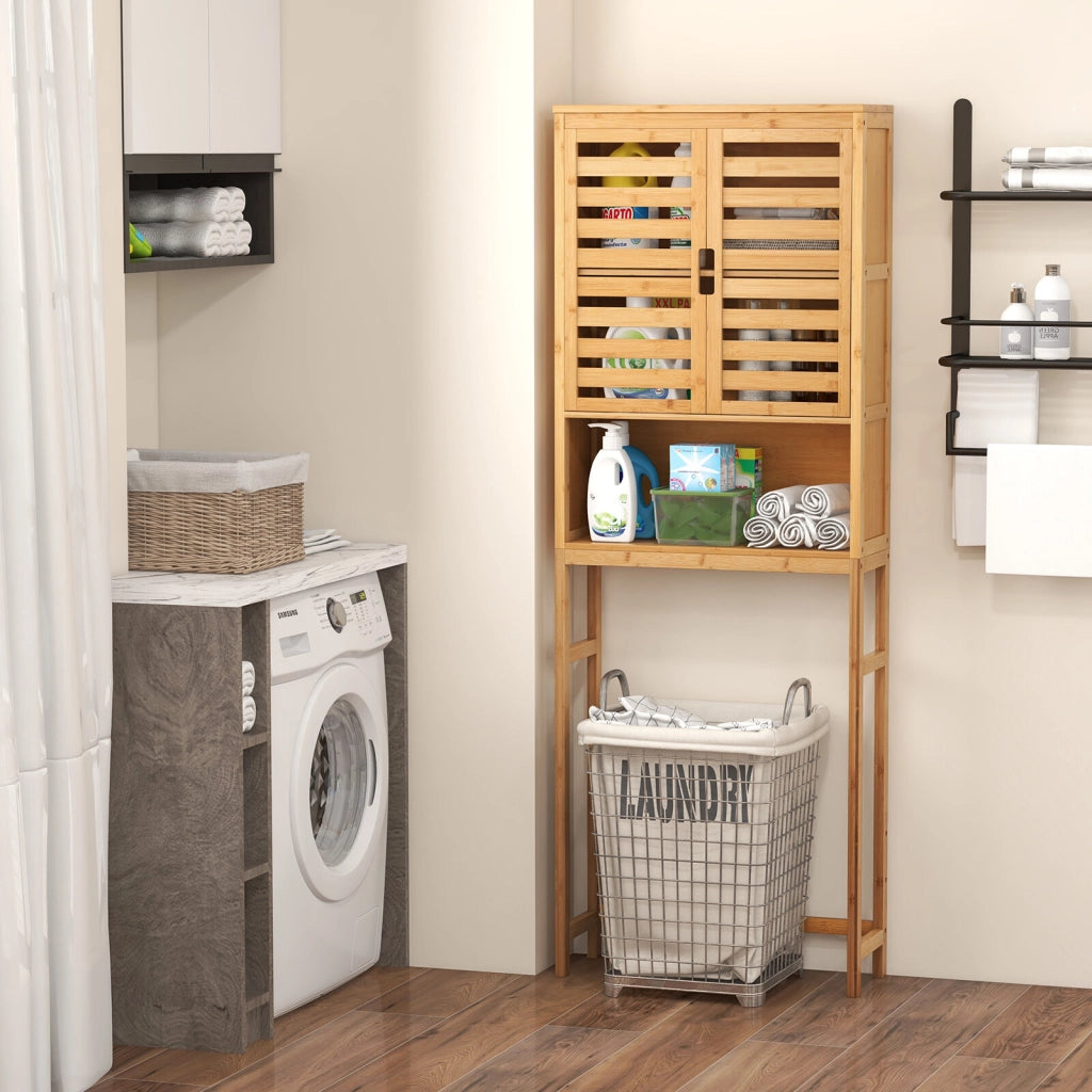 Bamboo Toilet Cabinet with 2 Slatted Doors & Open Shelf & Adjustable Crossbar