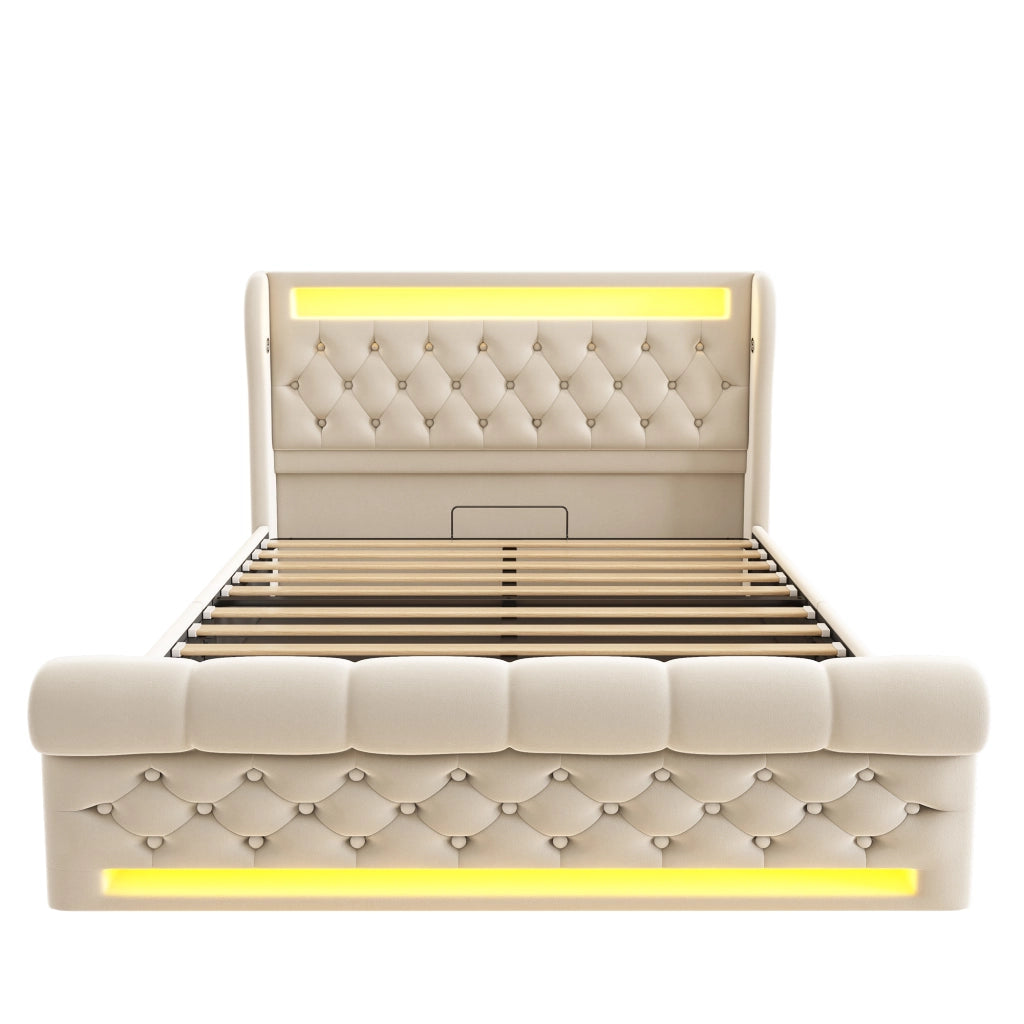 Letto matrimoniale contenitore 140x190 beige con luci LED