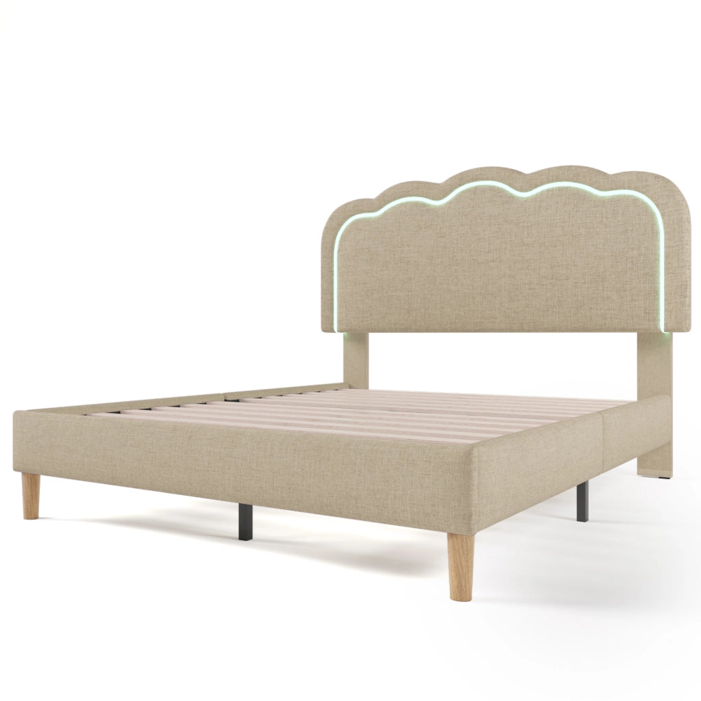 Letto matrimoniale imbottito 140x200 cm beige con testiera LED