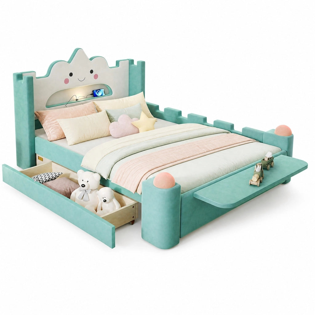 Letto imbottito per bambini 140x200 cm con cassetto; USB e lampada LED; blu-verde