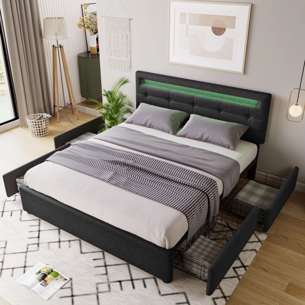 Letto matrimoniale 140x200 cm in lino nero con LED