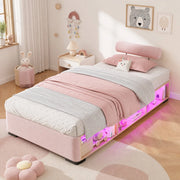 Letto per bambini imbottito 90x200 cm con LED e ripiani aperti in velluto rosa