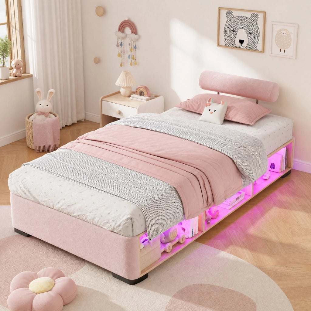 Letto per bambini imbottito 90x200 cm con LED e ripiani aperti in velluto rosa