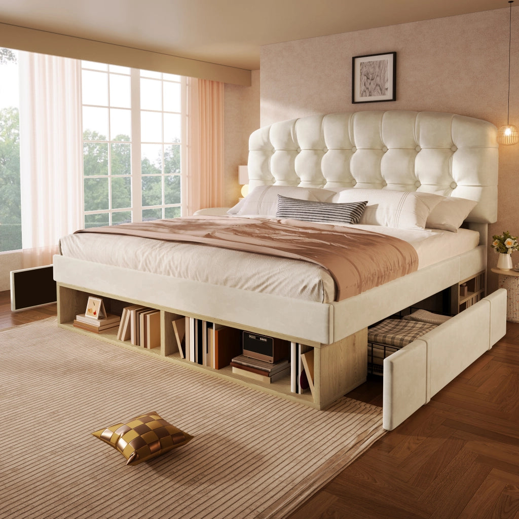 Letto imbottito beige 140x190 cm con cassetti