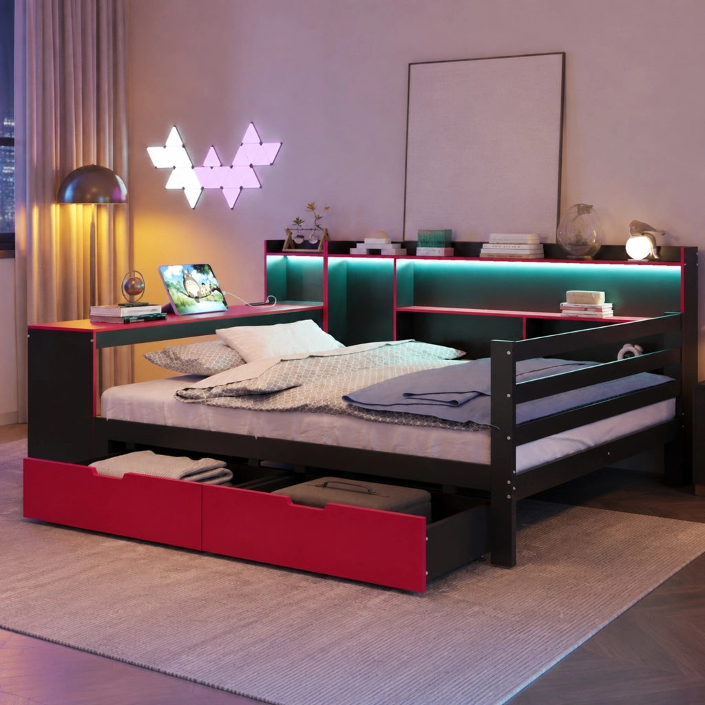 Letto matrimoniale multifunzione 140x200 cm con scrivania; LED e USB; nero e rosso