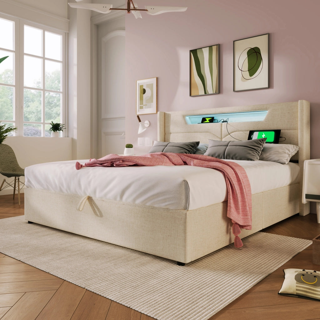 Letto matrimoniale contenitore 140x200 beige con luci LED