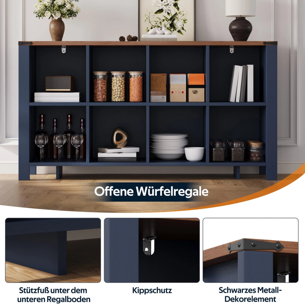 Libreria orizzontale blu in MDF con 8 vani, 140x34x75 cm