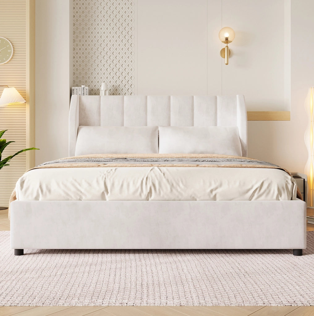 Letto imbottito 140x200 cm beige con rete a doghe e 2 cuscini